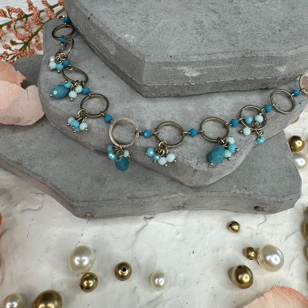 Marlyn Schiff Blue Beaded Brass Ring Link Bohemian Statement Necklace 19 Inch